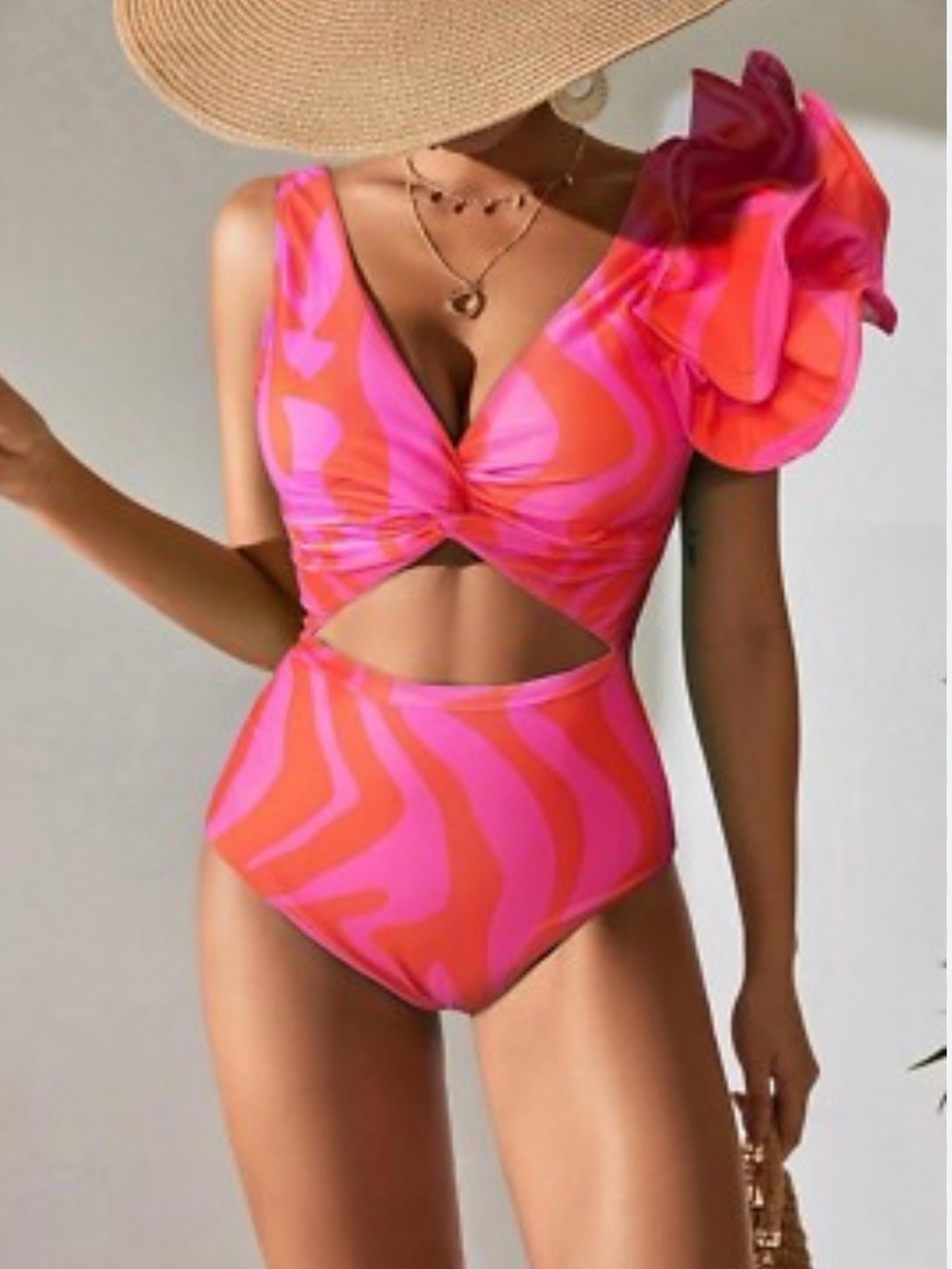 Pink Orange One-Shoulder Ruffle Cutout One-Piece Swimsuit